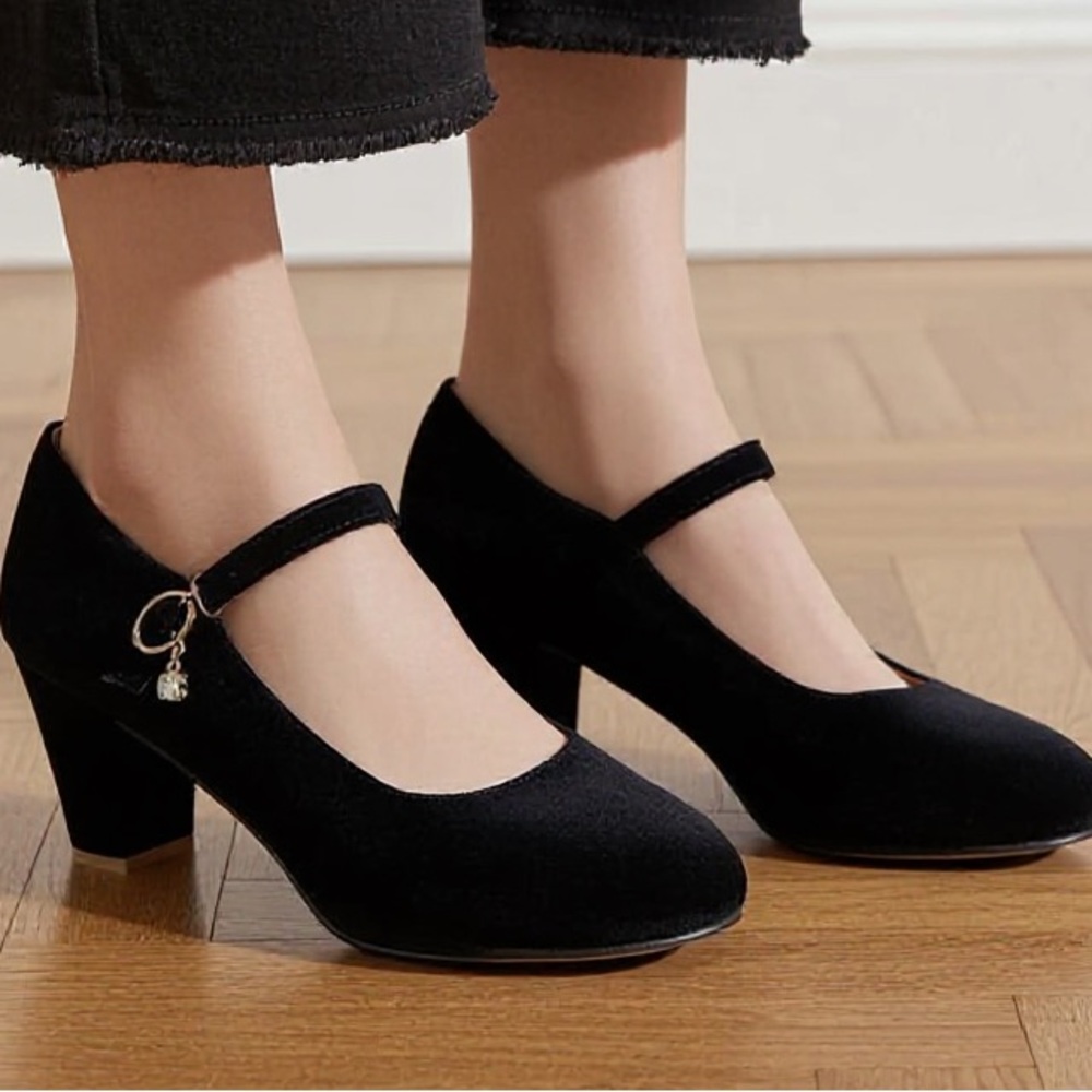 Elegant Black Suede, Rhinestone Embellished Mary Jane Heels -- EU 39 -- US 7.5/8